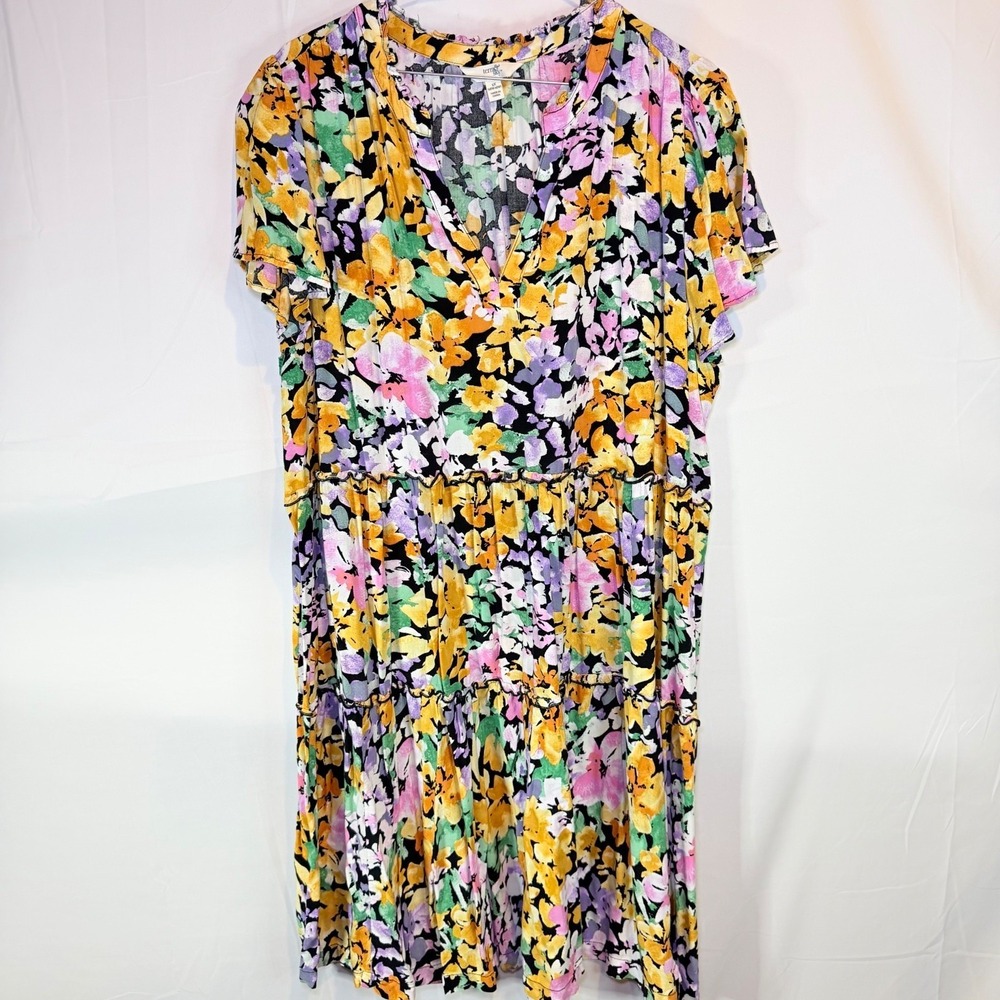 Terra & Sky Women's‎ Multicolor 1X Floral Tiered Smock V-Neck Dress